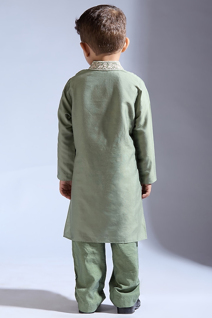 Forest Green Spun Silk Embroidered Kurta Set For Boys by Neha Gursahani Kids at Pernia's Pop Up Shop