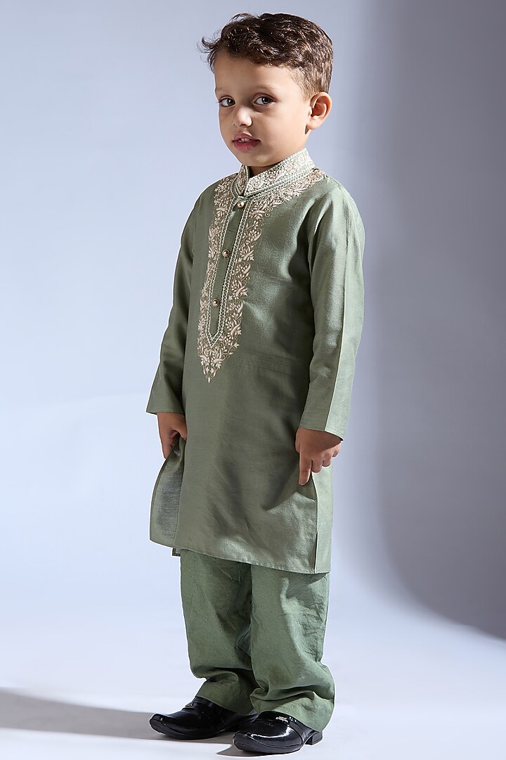 Forest Green Spun Silk Embroidered Kurta Set For Boys by Neha Gursahani Kids at Pernia's Pop Up Shop