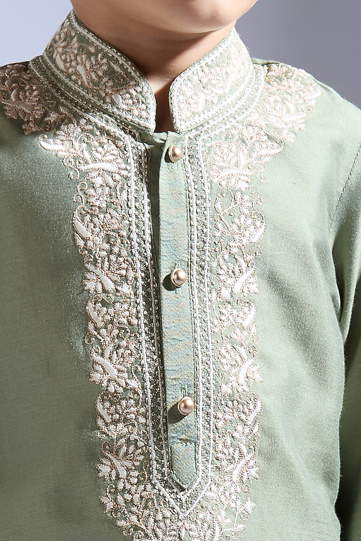 Forest Green Spun Silk Embroidered Kurta Set For Boys by Neha Gursahani Kids at Pernia's Pop Up Shop