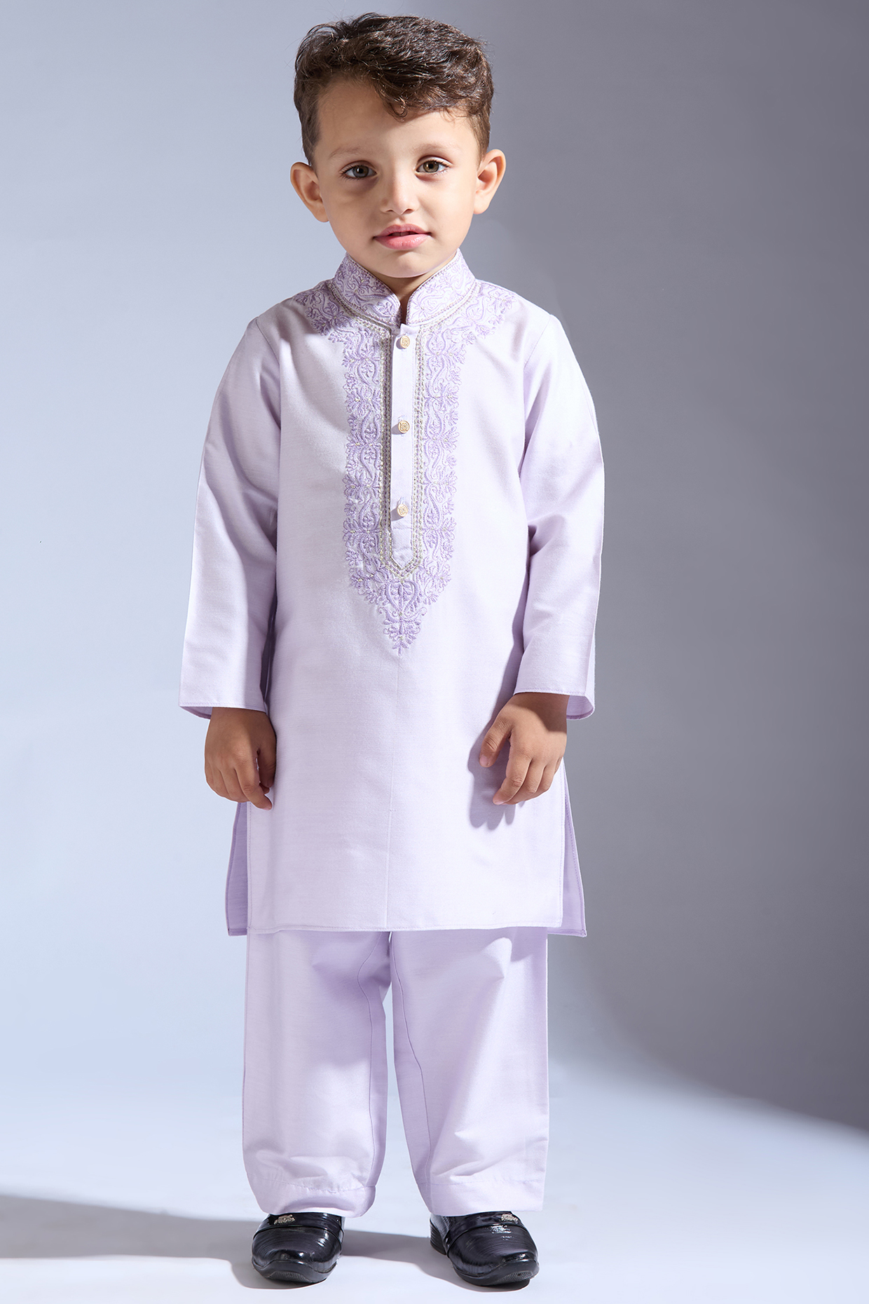 Lilac Spun Silk Embroidered Kurta Set For Boys by Neha Gursahani Kids