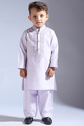 Lilac Spun Silk Embroidered Kurta Set For Boys by Neha Gursahani Kids