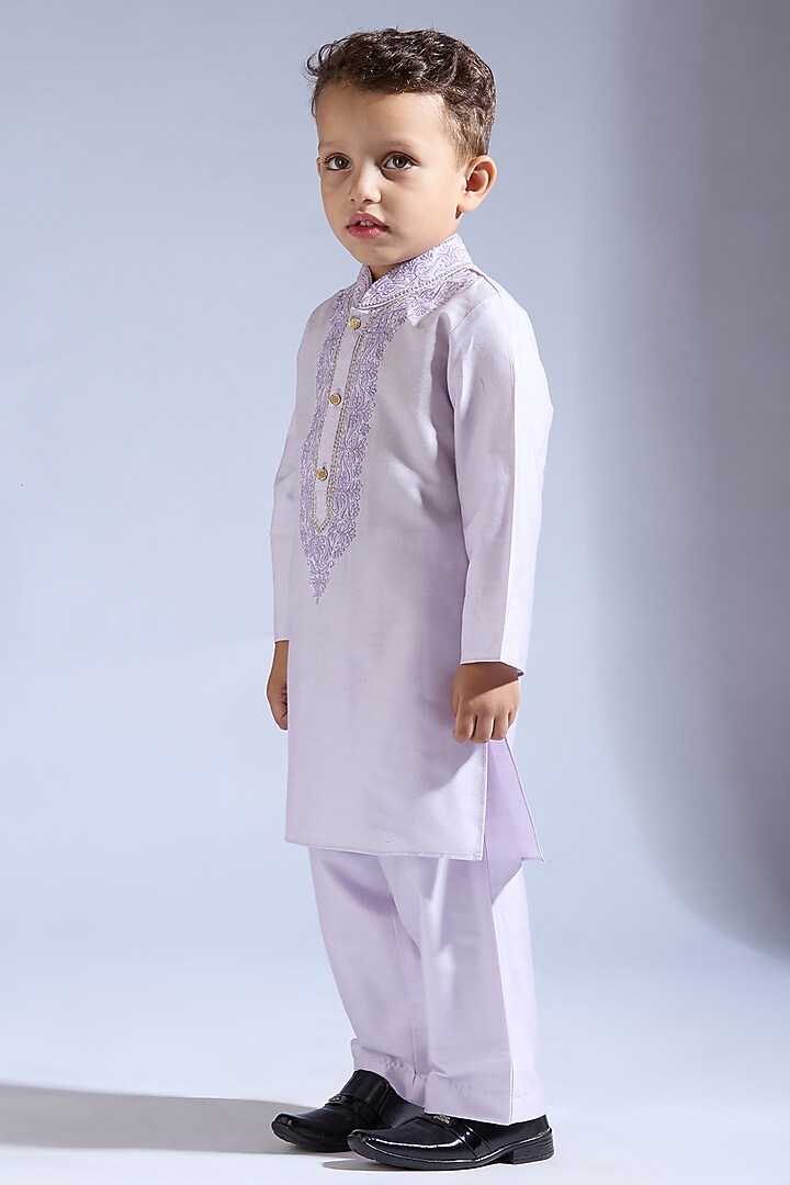 Lilac Spun Silk Embroidered Kurta Set For Boys by Neha Gursahani Kids at Pernia's Pop Up Shop