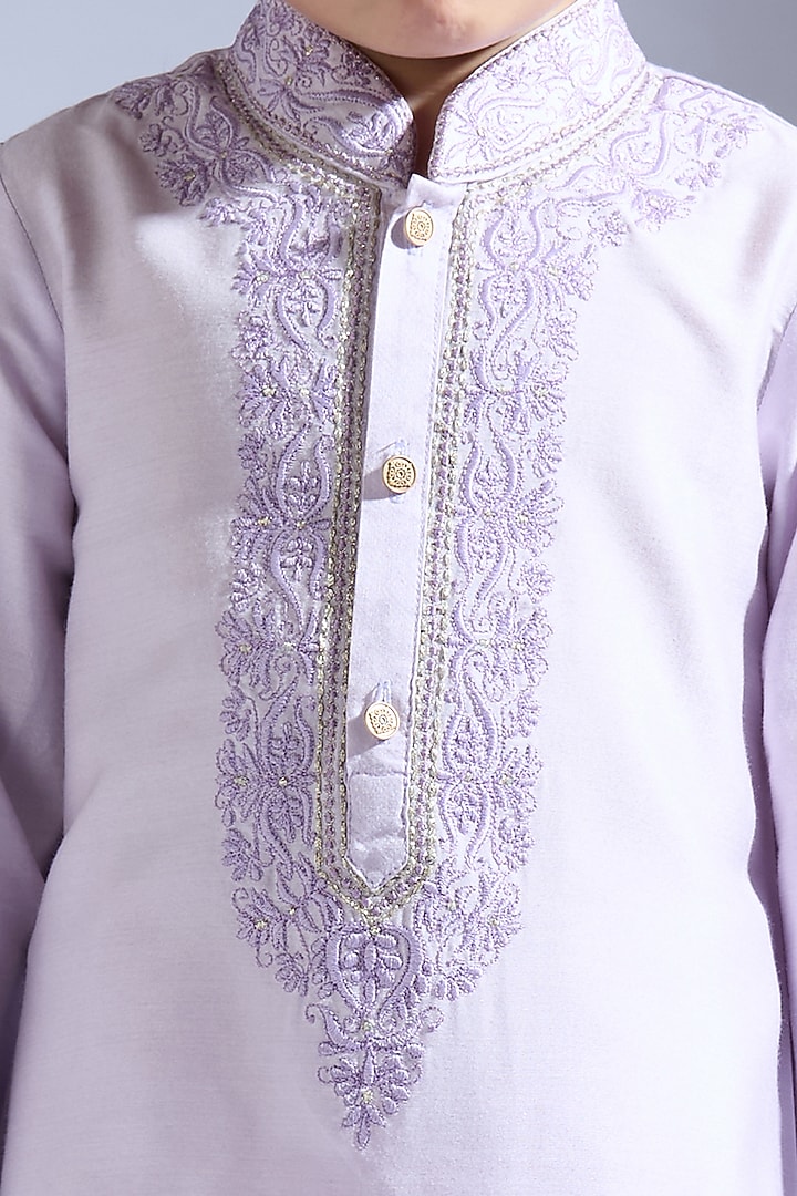 Lilac Spun Silk Embroidered Kurta Set For Boys by Neha Gursahani Kids at Pernia's Pop Up Shop