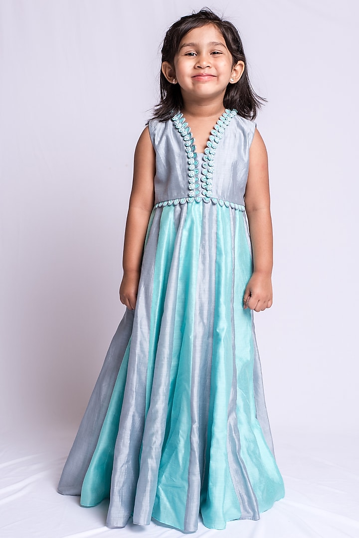 Grey & Sky Blue Embroidered Anarkali Dress For Girls by Neha Gursahani Kids