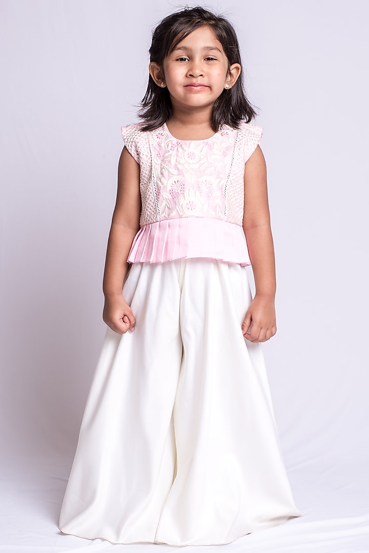 Baby Pink Embroidered Palazzo Set For Girls by Neha Gursahani Kids