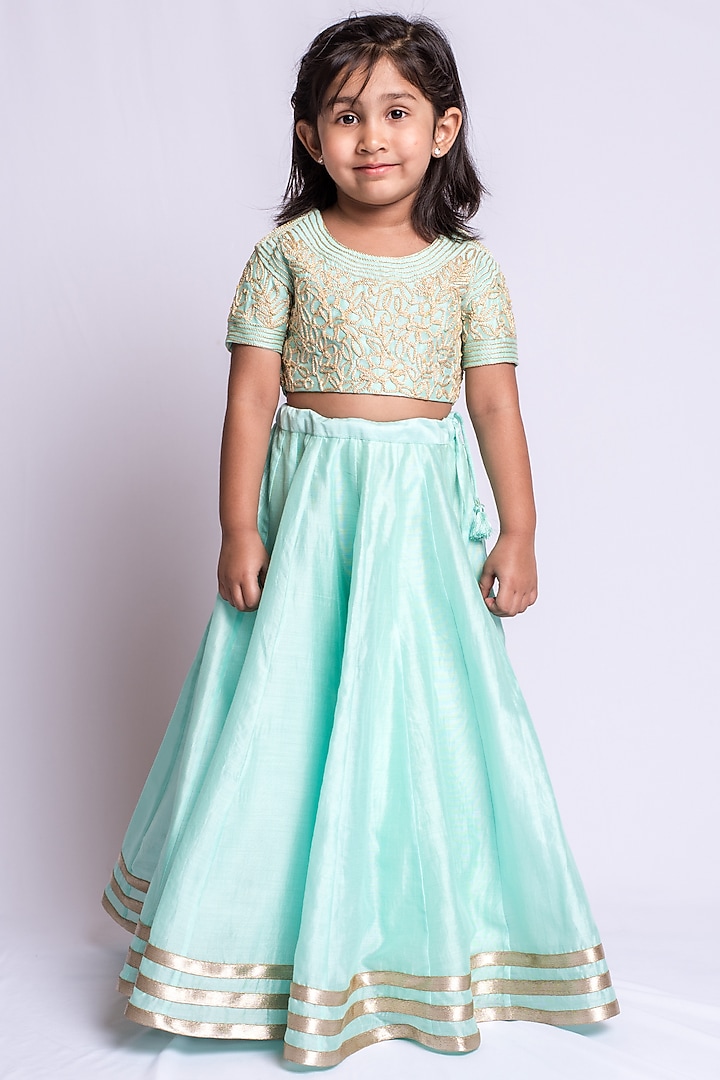 Pista Green Embroidered Lehenga Set For Girls by Neha Gursahani Kids at Pernia's Pop Up Shop