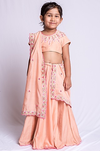 Dusty Peach Embroidered Lehenga Set For Girls by Neha Gursahani Kids