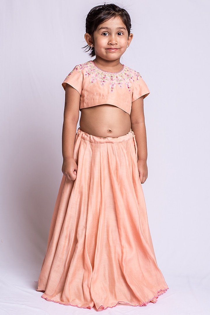 Dusty Peach Embroidered Lehenga Set For Girls by Neha Gursahani Kids at Pernia's Pop Up Shop