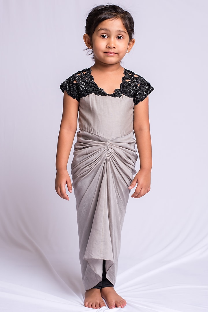 Steel Grey Embroidered Dress With Churidar For Girls by Neha Gursahani Kids