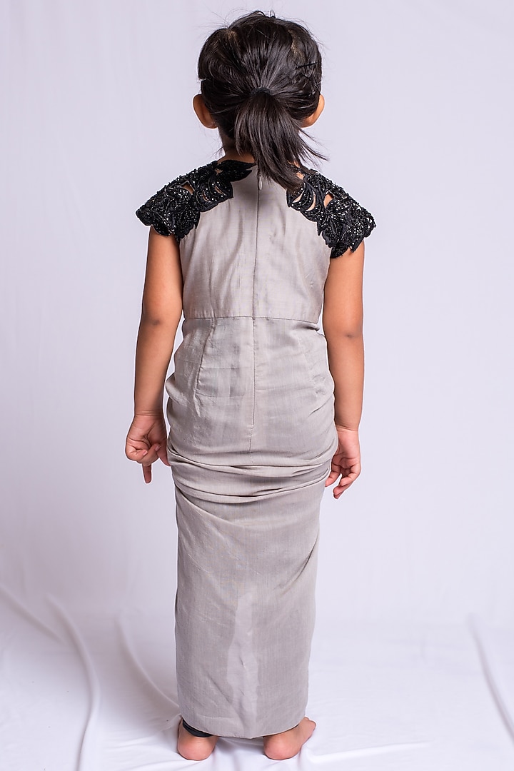 Steel Grey Embroidered Dress With Churidar For Girls by Neha Gursahani Kids at Pernia's Pop Up Shop