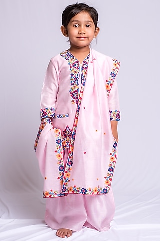 Baby Pink Embroidered Kurta Set For Girls by Neha Gursahani Kids