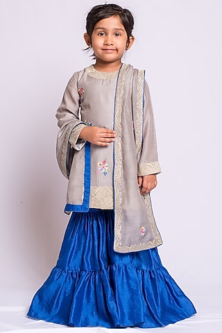 Soft Grey Embroidered Sharara Set For Girls by Neha Gursahani Kids