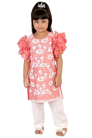Baby Pink Patchwork Embroidered Kurta Set For Girls by Neha Gursahani Kids