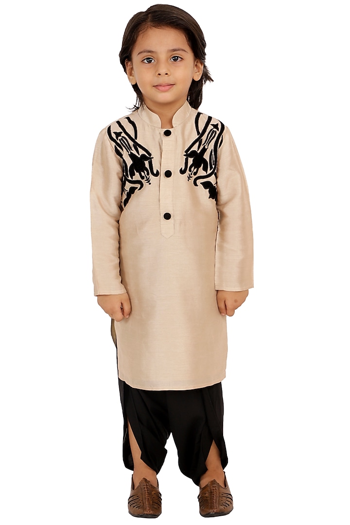 Nude Patchwork Embroidered Kurta Set For Boys by Neha Gursahani Kids