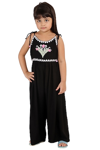 Black Embroidered Jumpsuit For Girls by Neha Gursahani Kids