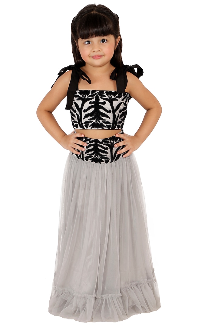 Steel Grey Ruffled Lehenga Set For Girls by Neha Gursahani Kids