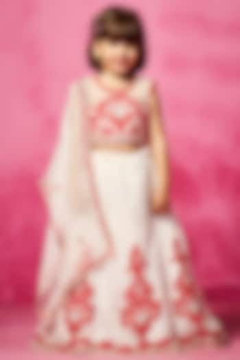 Ivory Satin Organza Thread Embroidered Lehenga Set For Girls by Neha Gursahani Kids at Pernia's Pop Up Shop