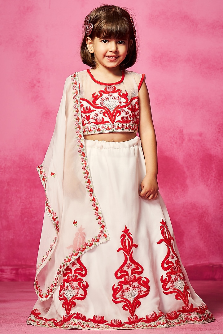 Ivory Satin Organza Thread Embroidered Lehenga Set For Girls by Neha Gursahani Kids at Pernia's Pop Up Shop