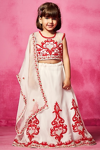 Ivory Satin Organza Thread Embroidered Lehenga Set For Girls by Neha Gursahani Kids