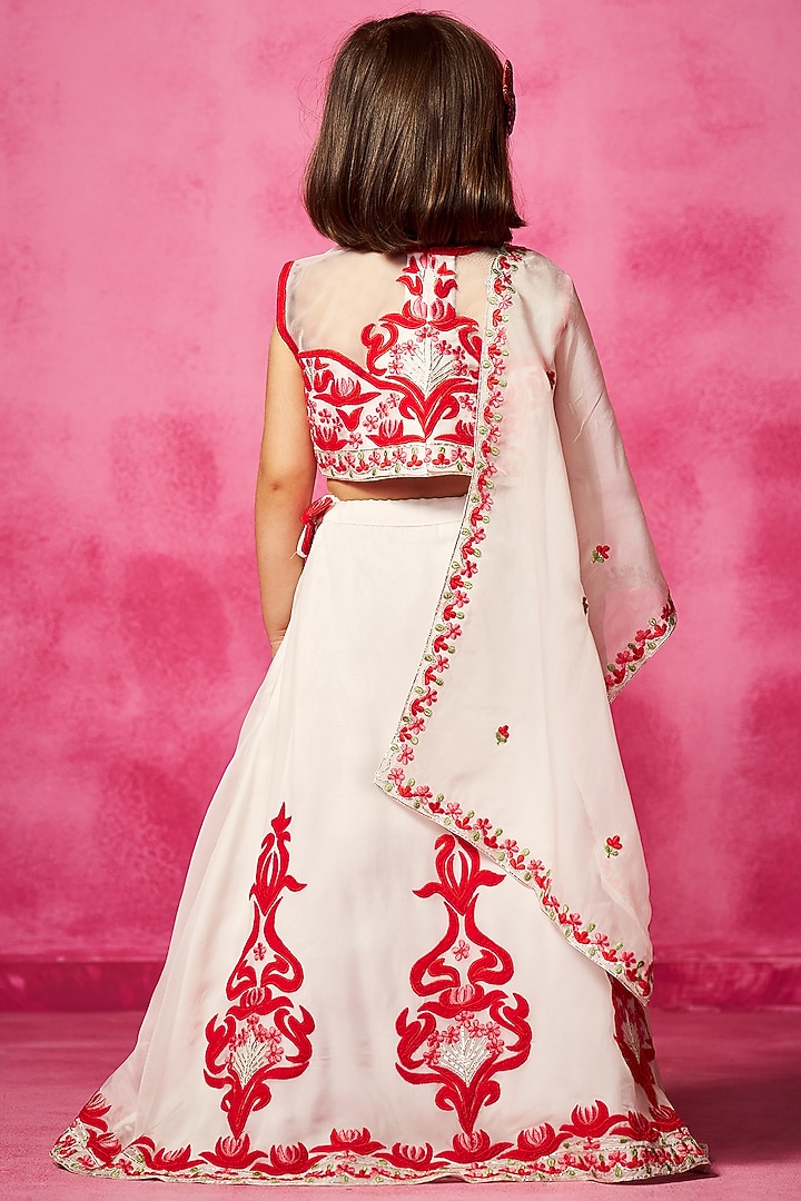 Ivory Satin Organza Thread Embroidered Lehenga Set For Girls by Neha Gursahani Kids at Pernia's Pop Up Shop