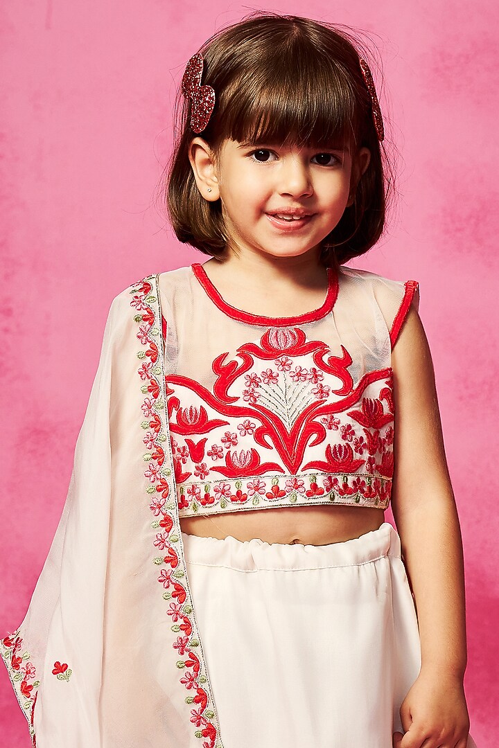 Ivory Satin Organza Thread Embroidered Lehenga Set For Girls by Neha Gursahani Kids at Pernia's Pop Up Shop