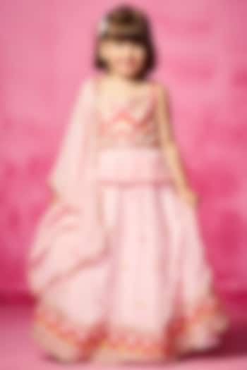 Light Pink Tulle Mirror & Thread Embroidered Lehenga Set For Girls by Neha Gursahani Kids