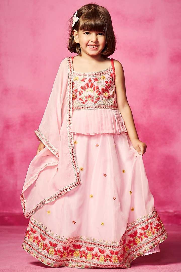 Light Pink Tulle Mirror & Thread Embroidered Lehenga Set For Girls by Neha Gursahani Kids