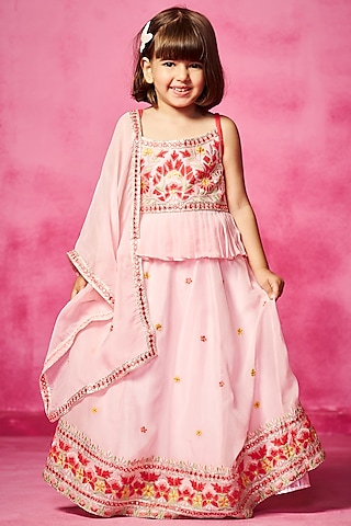 Light Pink Tulle Mirror & Thread Embroidered Lehenga Set For Girls by Neha Gursahani Kids