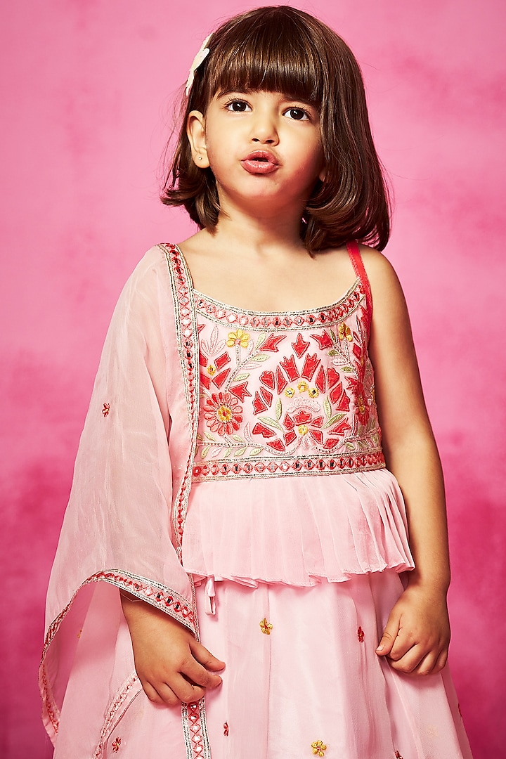 Light Pink Tulle Mirror & Thread Embroidered Lehenga Set For Girls by Neha Gursahani Kids at Pernia's Pop Up Shop