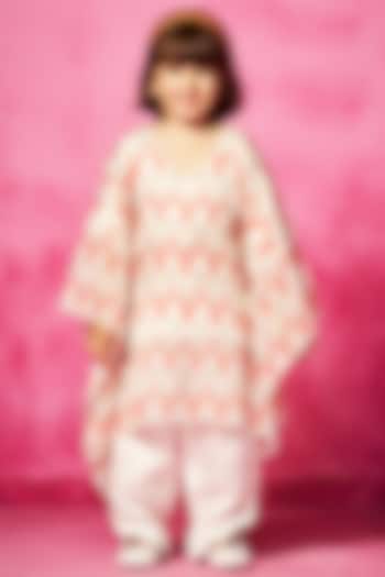 Ivory Satin Linen Printed Kaftan Set For Girls by Neha Gursahani Kids at Pernia's Pop Up Shop