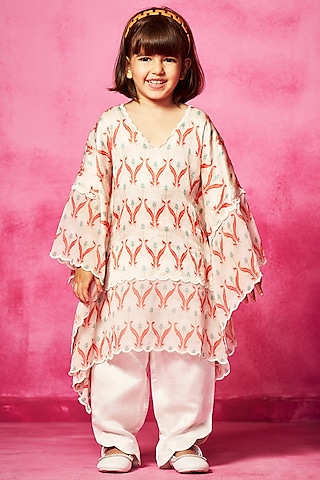 Ivory Satin Linen Printed Kaftan Set For Girls by Neha Gursahani Kids