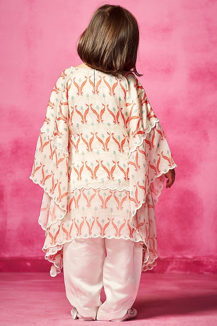 Ivory Satin Linen Printed Kaftan Set For Girls by Neha Gursahani Kids at Pernia's Pop Up Shop