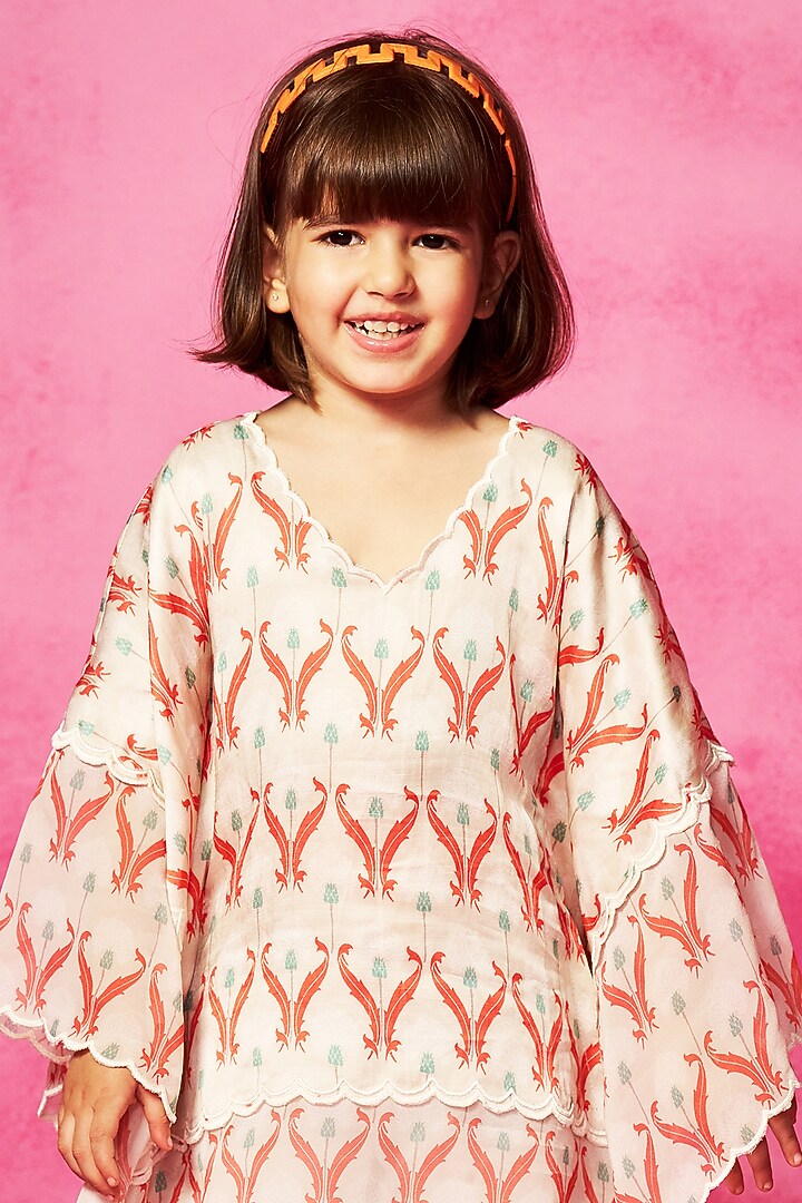 Ivory Satin Linen Printed Kaftan Set For Girls by Neha Gursahani Kids at Pernia's Pop Up Shop