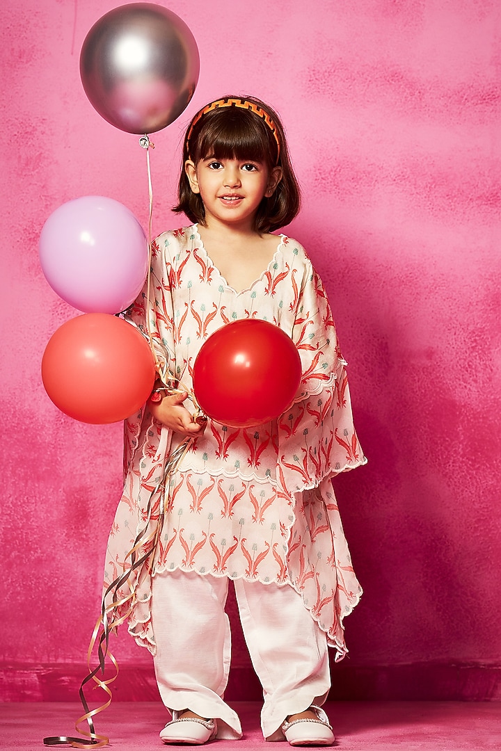Ivory Satin Linen Printed Kaftan Set For Girls by Neha Gursahani Kids at Pernia's Pop Up Shop