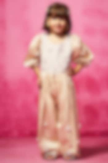 Nude Satin Linen & Georgette 3D Embroidered Jumpsuit For Girls by Neha Gursahani Kids