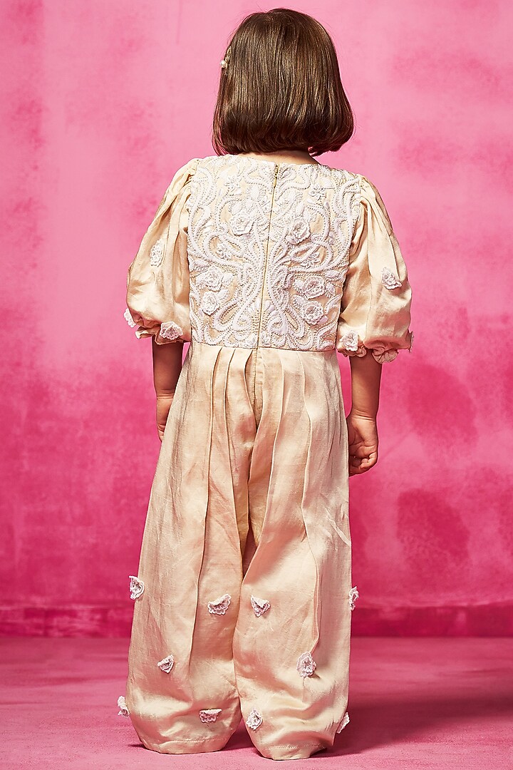 Nude Satin Linen & Georgette 3D Embroidered Jumpsuit For Girls by Neha Gursahani Kids at Pernia's Pop Up Shop