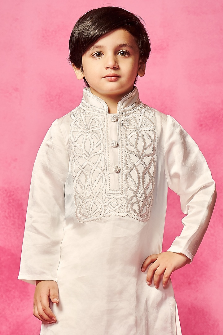 Ivory Satin Linen Patchwork Embroidered Kurta Set For Boys by Neha Gursahani Kids at Pernia's Pop Up Shop