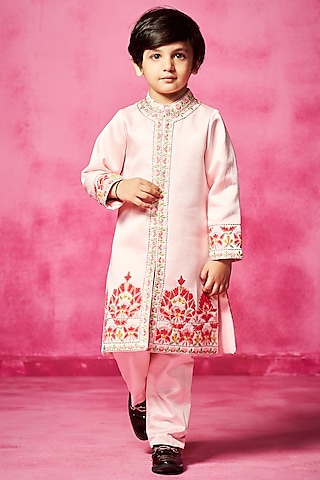 Light Pink Linen Thread Embroidered Sherwani Set For Boys by Neha Gursahani Kids