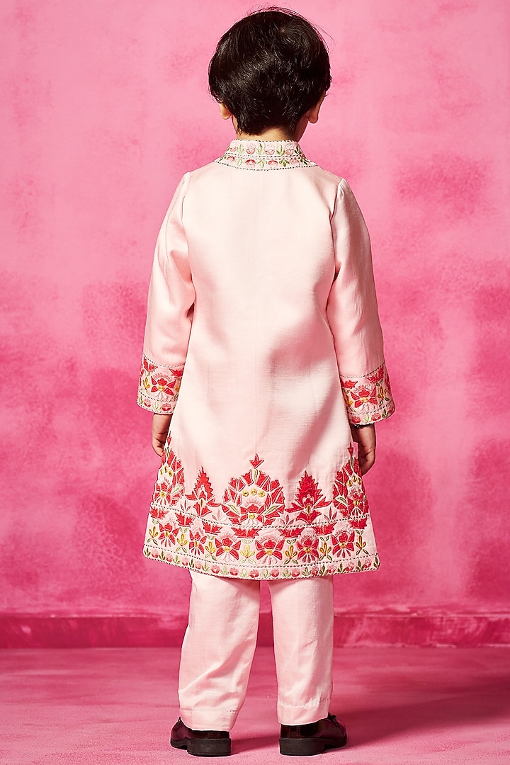 Light Pink Linen Thread Embroidered Sherwani Set For Boys by Neha Gursahani Kids at Pernia's Pop Up Shop