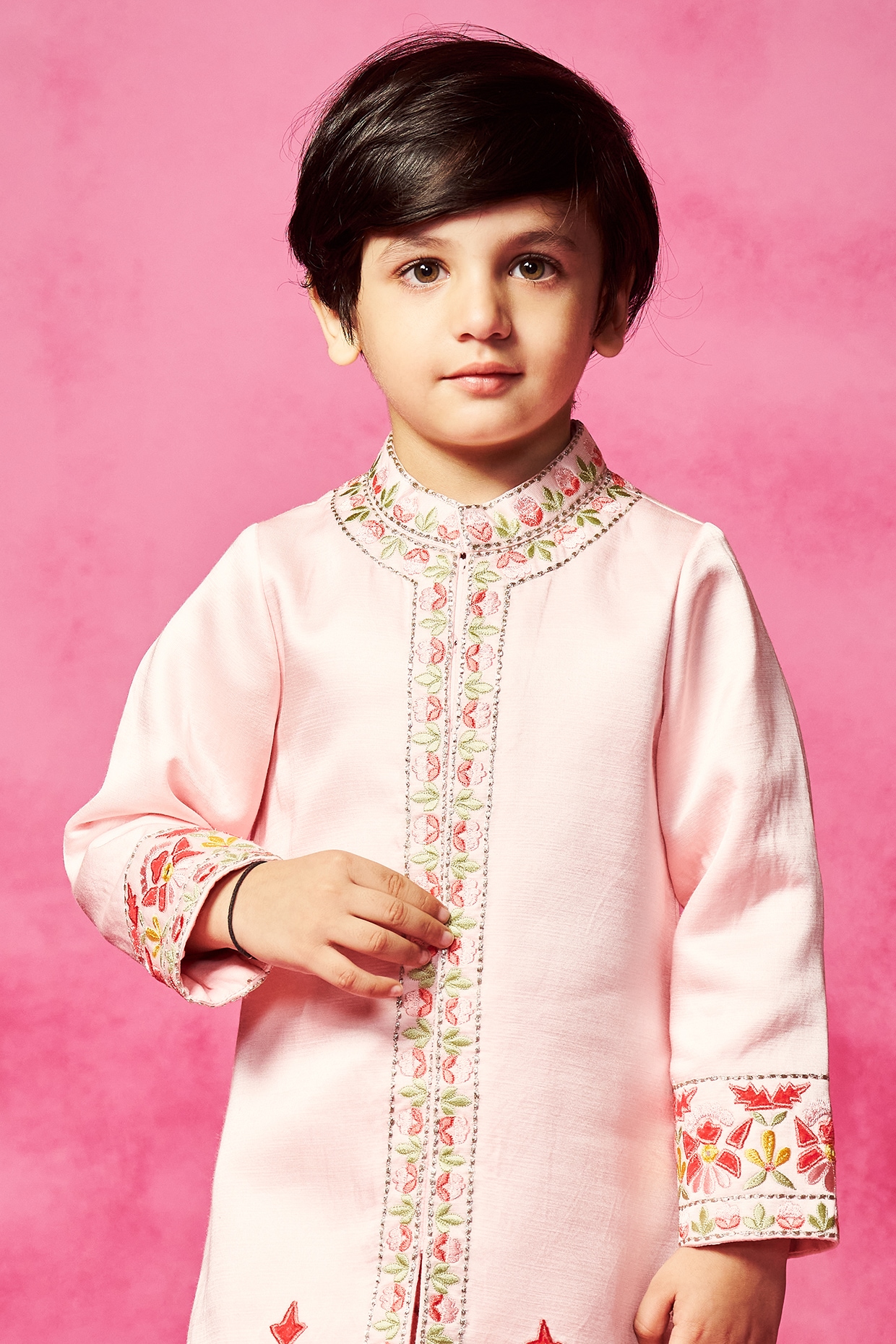 Light Pink Linen Thread Embroidered Sherwani Set For Boys Design 