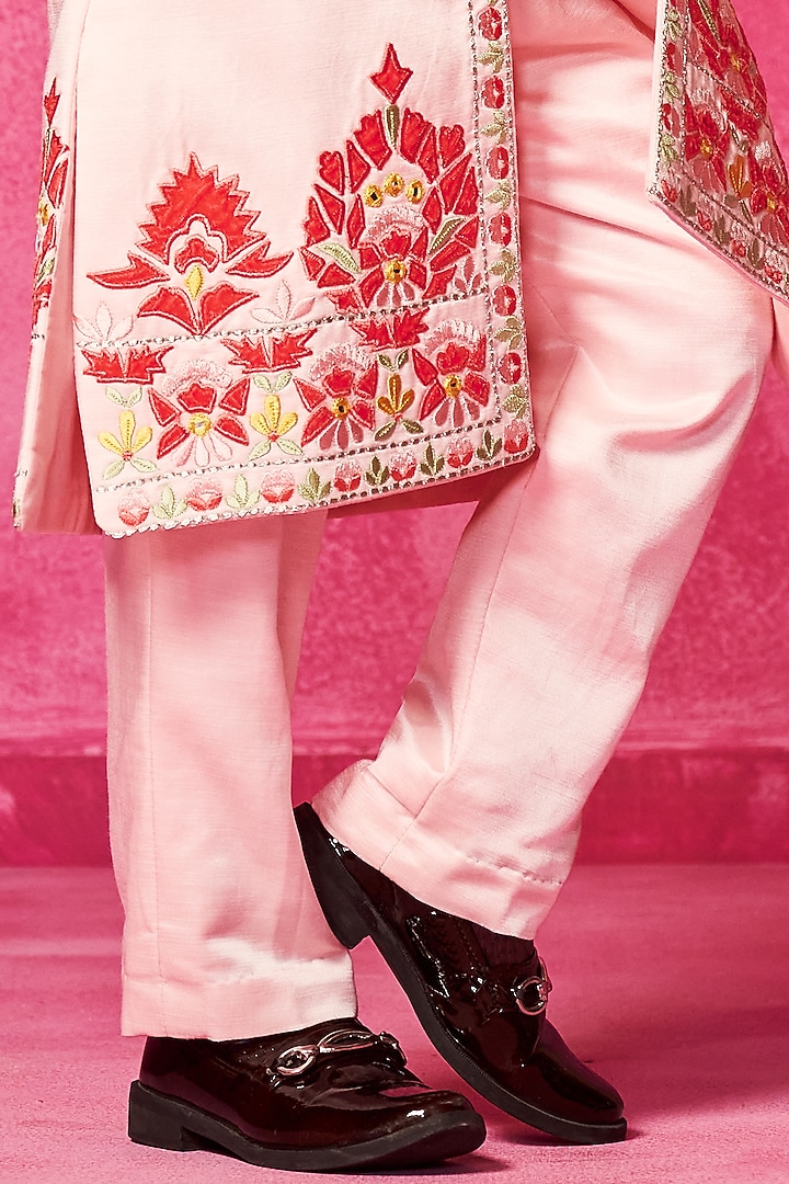 Light Pink Linen Thread Embroidered Sherwani Set For Boys by Neha Gursahani Kids at Pernia's Pop Up Shop