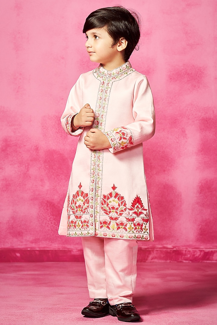 Light Pink Linen Thread Embroidered Sherwani Set For Boys by Neha Gursahani Kids at Pernia's Pop Up Shop