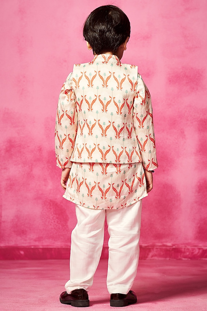 Ivory Satin Linen Printed Kurta Set For Boys by Neha Gursahani Kids at Pernia's Pop Up Shop