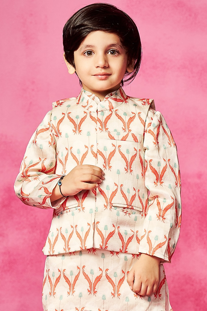 Ivory Satin Linen Printed Kurta Set For Boys by Neha Gursahani Kids at Pernia's Pop Up Shop