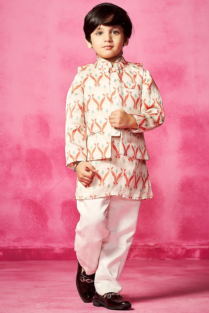Ivory Satin Linen Printed Kurta Set For Boys by Neha Gursahani Kids at Pernia's Pop Up Shop