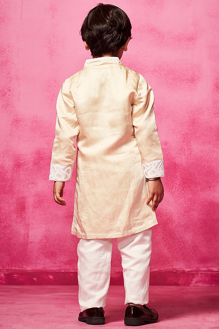 Nude Satin Linen Embroidered Kurta Set For Boys by Neha Gursahani Kids at Pernia's Pop Up Shop