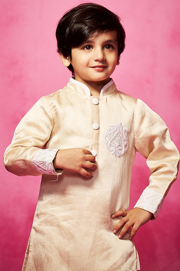 Nude Satin Linen Embroidered Kurta Set For Boys by Neha Gursahani Kids at Pernia's Pop Up Shop