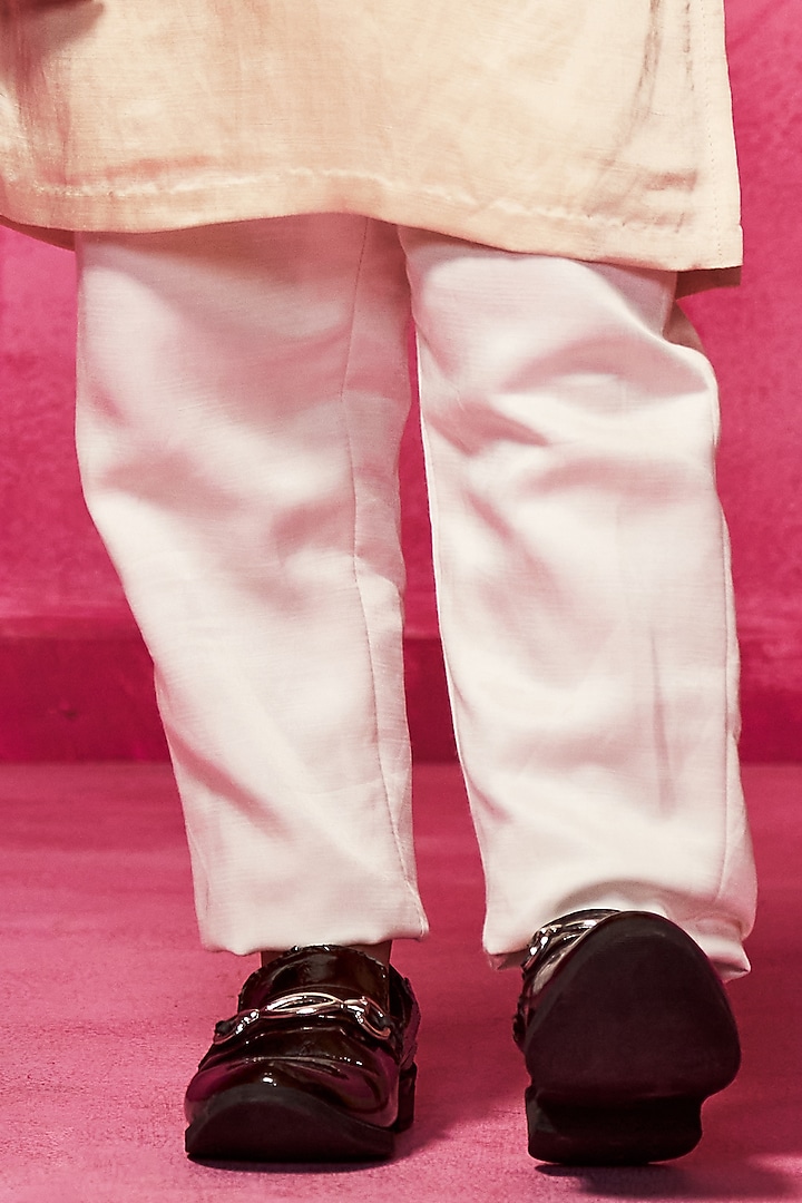 Nude Satin Linen Embroidered Kurta Set For Boys by Neha Gursahani Kids at Pernia's Pop Up Shop