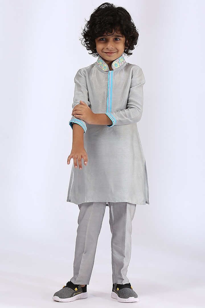 Grey Embroidered Kurta Set For Boys by Neha Gursahani Kids