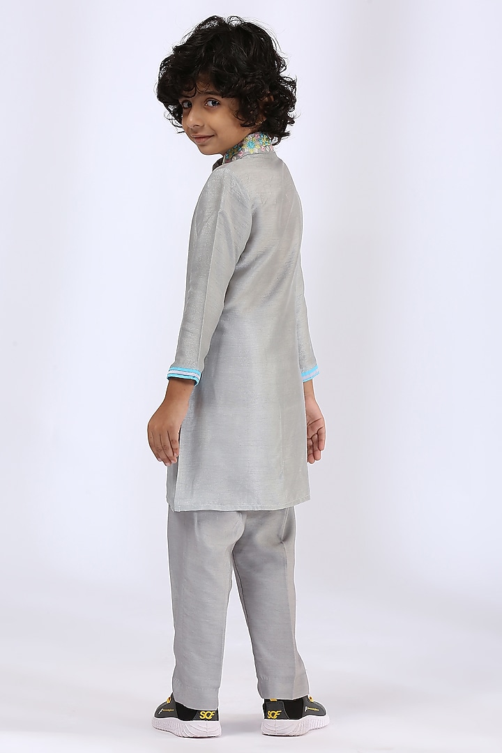Grey Embroidered Kurta Set For Boys by Neha Gursahani Kids at Pernia's Pop Up Shop